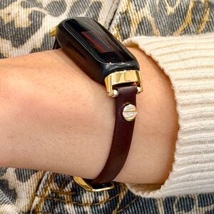 Slim Brown Leather Fitbit Inspire 3 Strap Band, Gold Accents Women Bracelet.